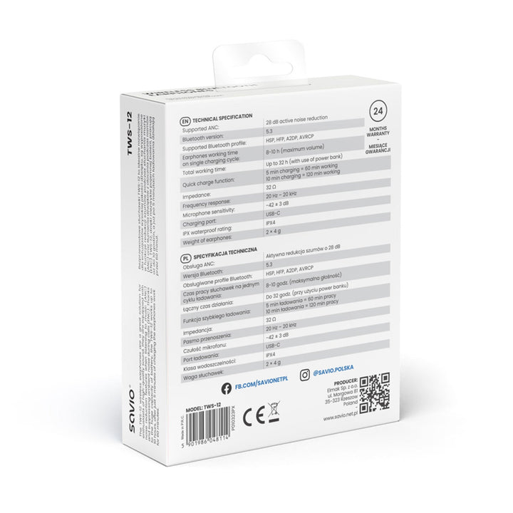 Savio trådløse hovedtelefoner, Bluetooth 5.3, ANC, USB-C, sort