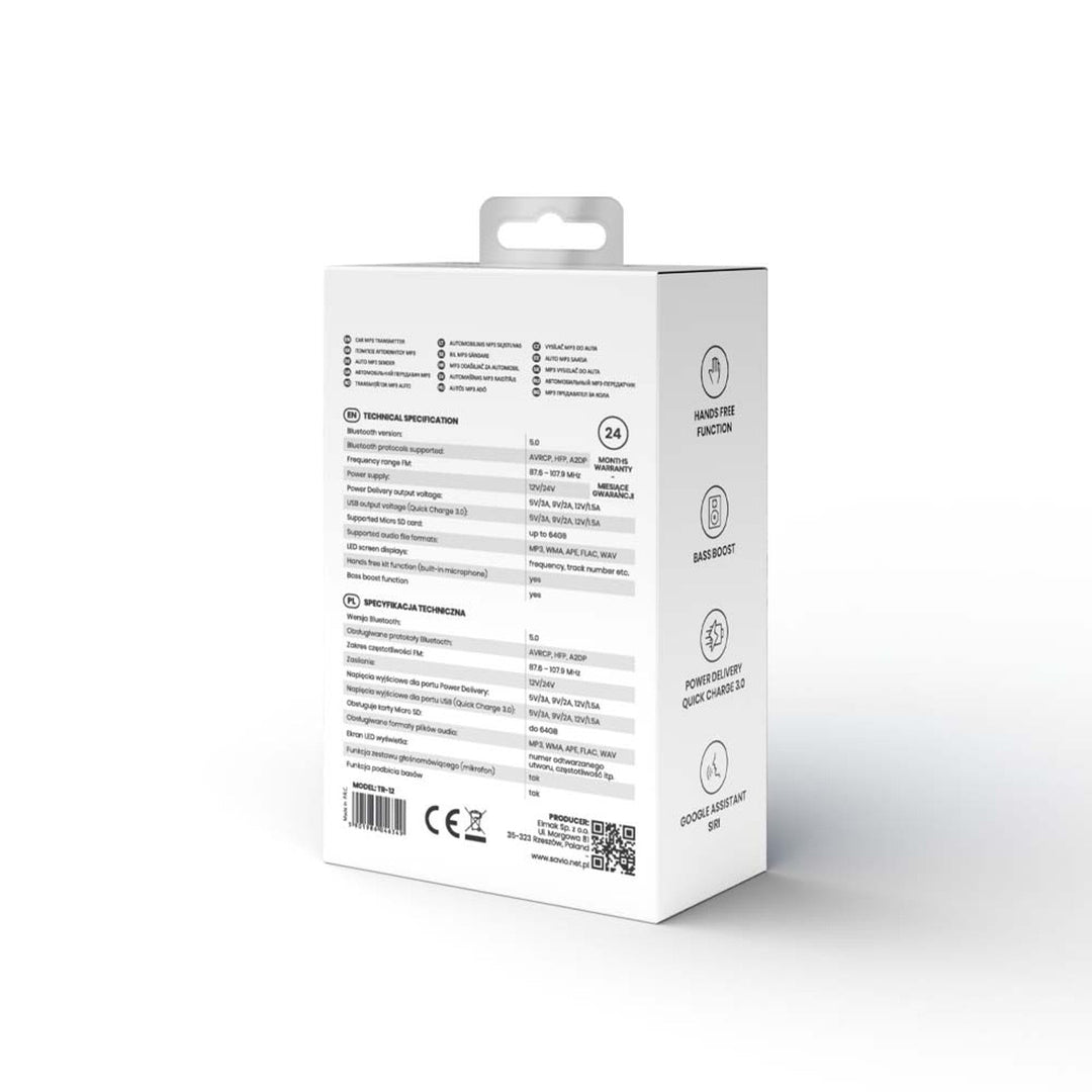 Savio MP3-bilsender, Bluetooth 5.0, opladningsfunktion, sort, SAVFMTRANSTR-12