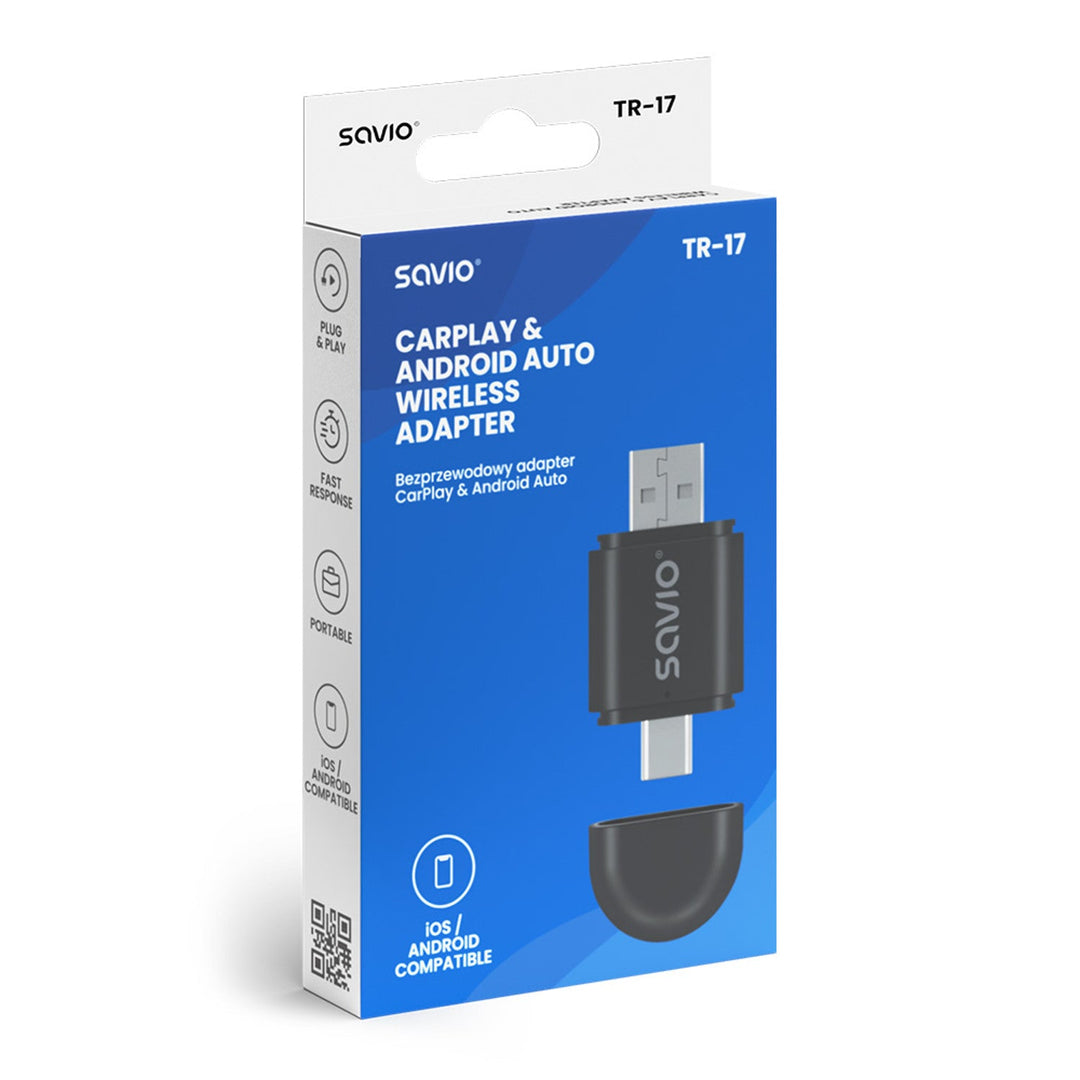 Savio trådløs adapter, CarPlay, Android Auto, Bluetooth, Wi-Fi, SAVTR-17