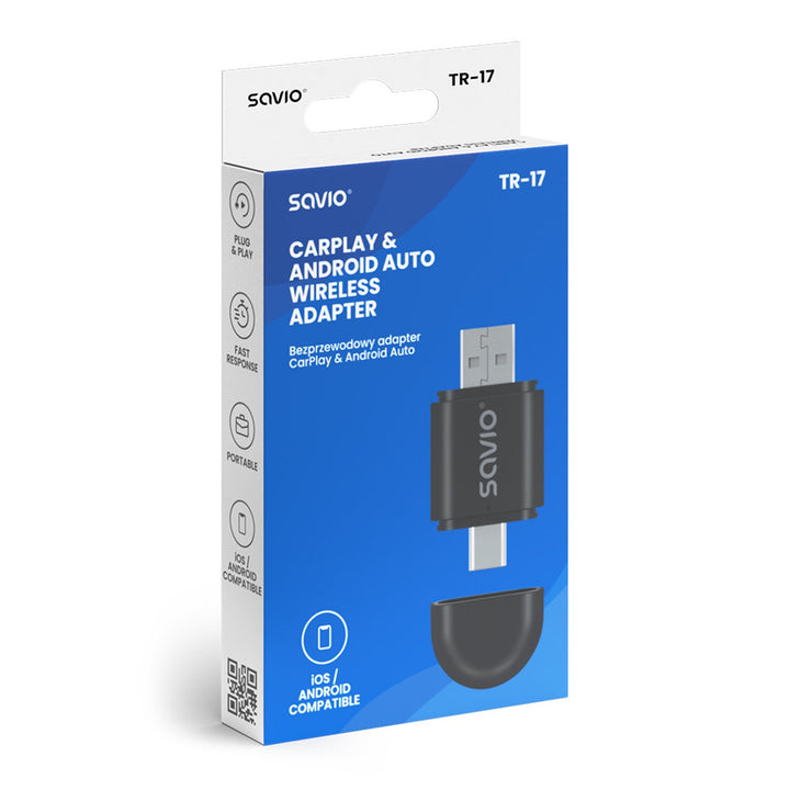Savio trådløs adapter, CarPlay, Android Auto, Bluetooth, Wi-Fi, SAVTR-17