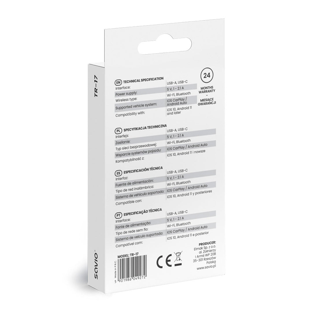 Savio trådløs adapter, CarPlay, Android Auto, Bluetooth, Wi-Fi, SAVTR-17