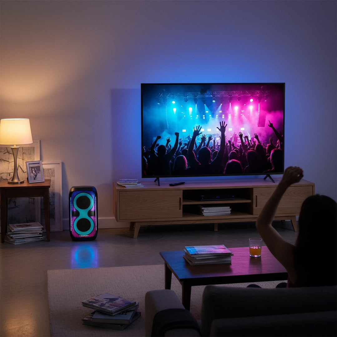 Blaupunkt Party Box-højttaler, LED-belysning, Bluetooth, USB og AUX, FM-radio, karaoke-funktion, fjernbetjening, batteritid op til 18 timer, PB60X