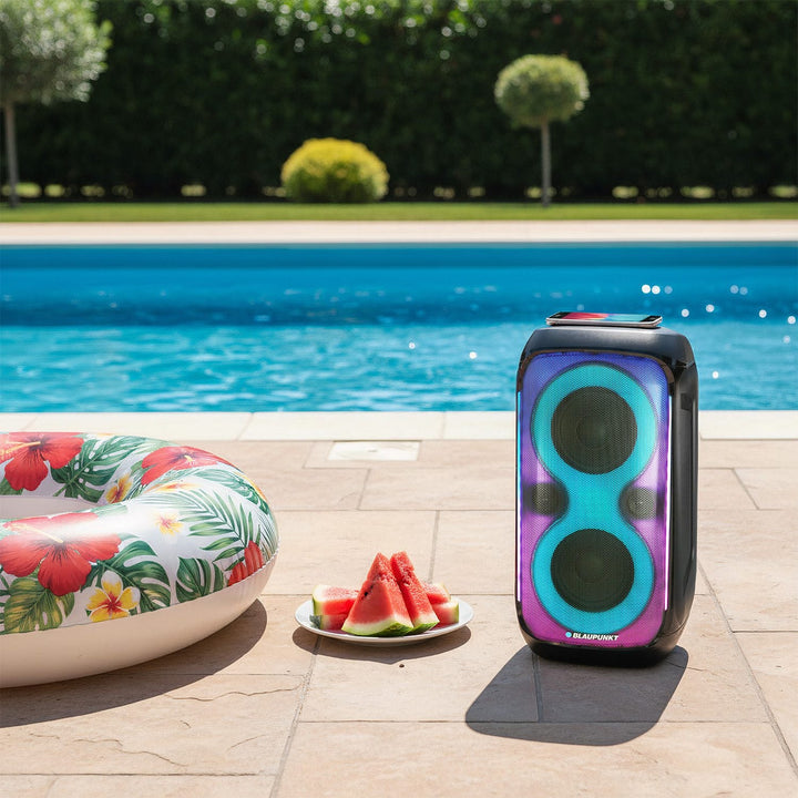 Blaupunkt Party Box-højttaler, LED-belysning, Bluetooth, USB og AUX, FM-radio, karaoke-funktion, fjernbetjening, batteritid op til 18 timer, PB60X