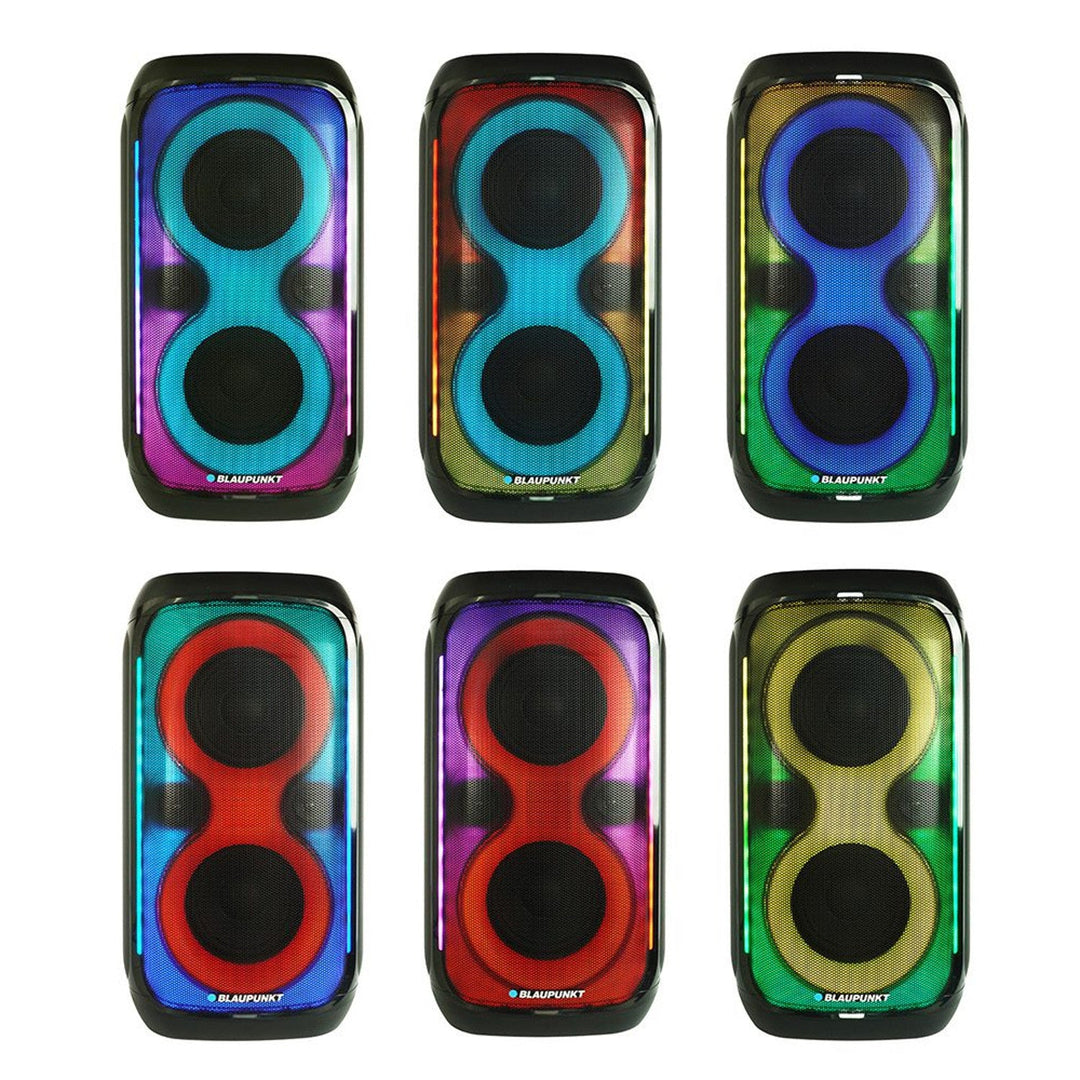 Blaupunkt Party Box-højttaler, LED-belysning, Bluetooth, USB og AUX, FM-radio, karaoke-funktion, fjernbetjening, batteritid op til 18 timer, PB60X