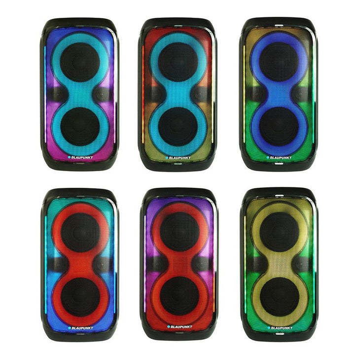 Blaupunkt Party Box-højttaler, LED-belysning, Bluetooth, USB og AUX, FM-radio, karaoke-funktion, fjernbetjening, batteritid op til 18 timer, PB60X