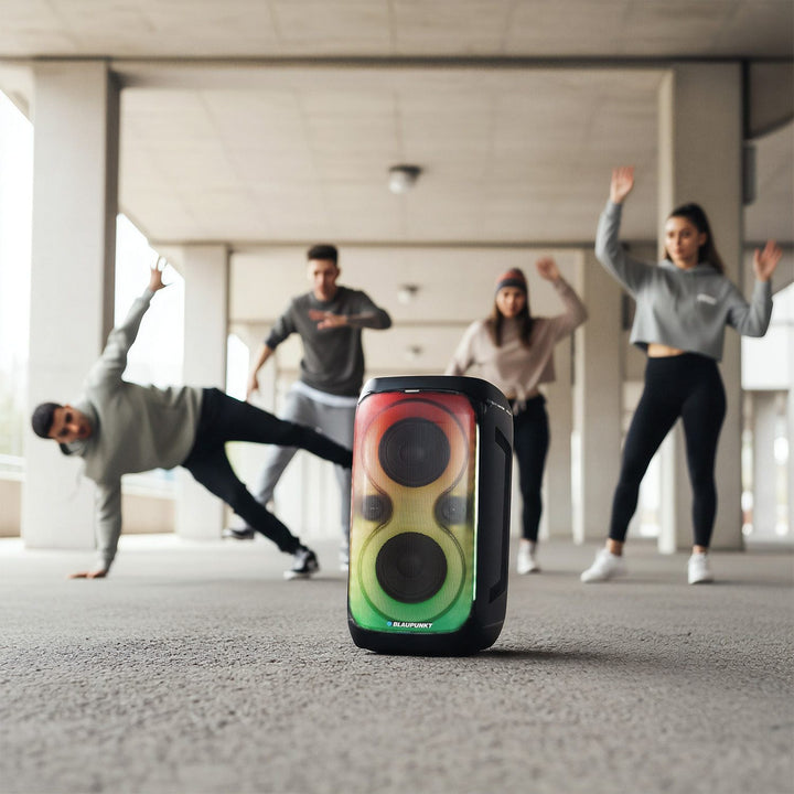 Blaupunkt Party Box-højttaler, LED-belysning, Bluetooth, USB og AUX, FM-radio, karaoke-funktion, fjernbetjening, batteritid op til 18 timer, PB60X