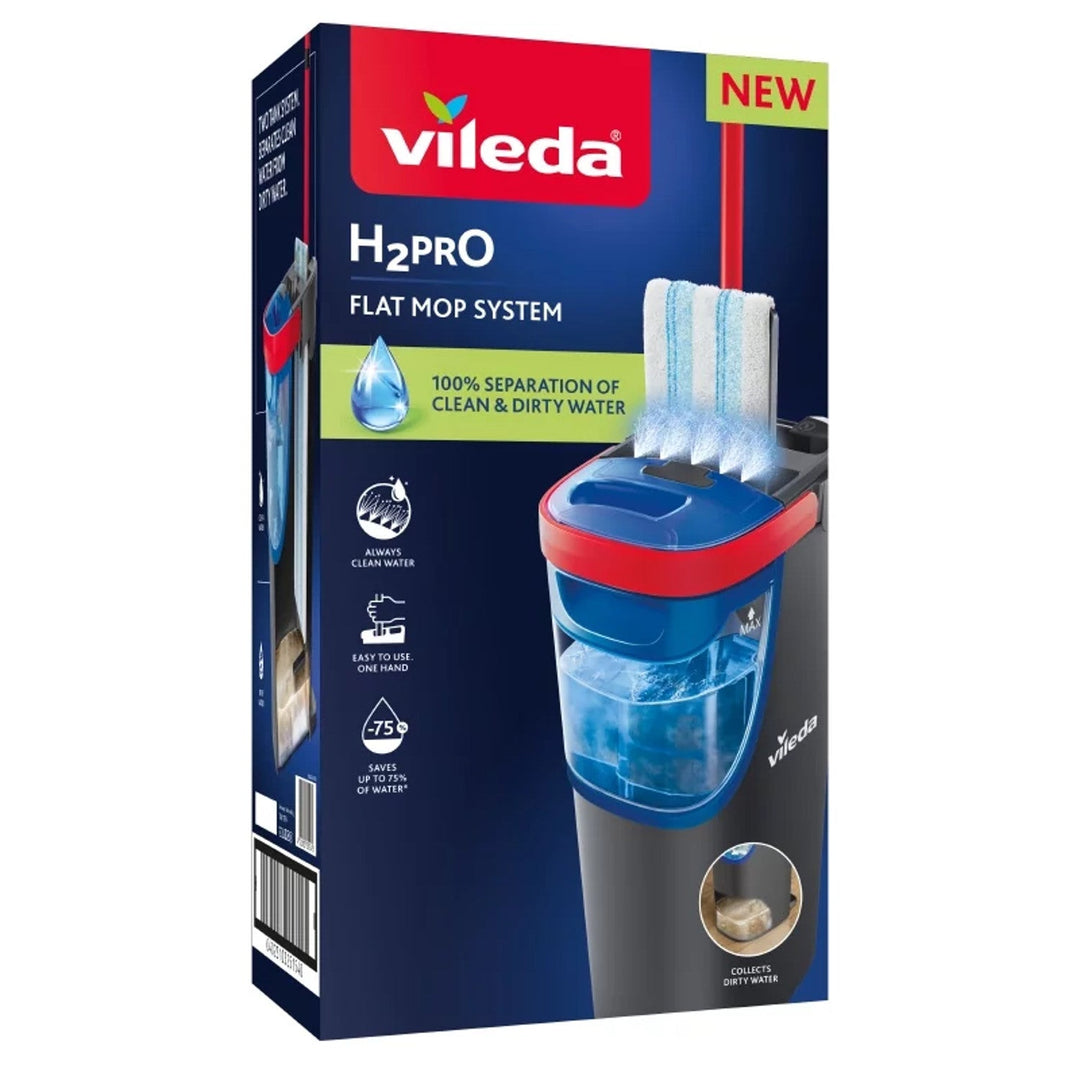 Vileda H2prO flad moppe, 100 % adskillelse af rent og snavset vand, to beholdere, mikrofiberovertræk, 360°-spids, 175774