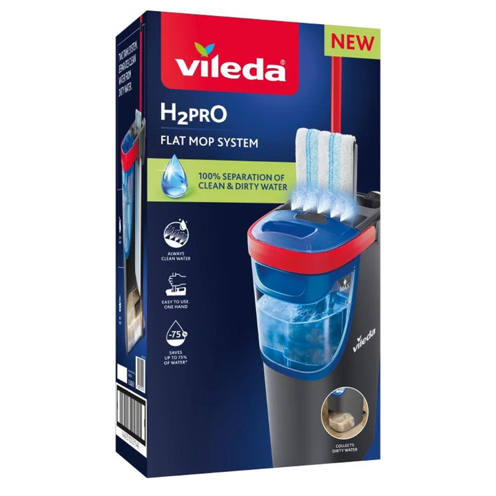 Vileda H2prO flad moppe, 100 % adskillelse af rent og snavset vand, to beholdere, mikrofiberovertræk, 360°-spids, 175774