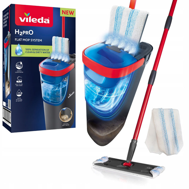 Vileda H2prO flad moppe, 100 % adskillelse af rent og snavset vand, to beholdere, mikrofiberovertræk, 360°-spids, 175774