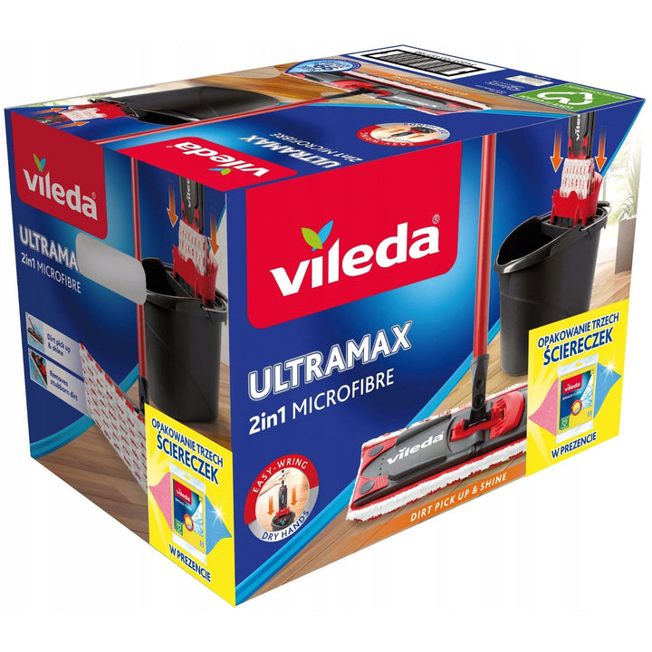 Flad moppe + spand + 3 klude Vileda, Ultramax BOX, berøringsfri dræningssystem, to typer fibre, 177453