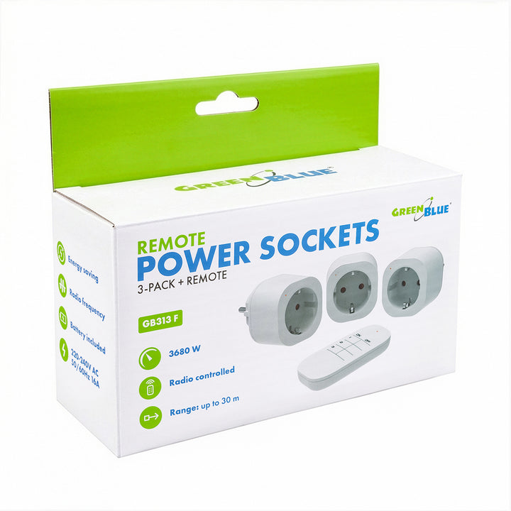 GreenBlue fjernbetjente stikkontakter, 3 stk., programmerbare, rækkevidde op til 30 m, 220–240 V AC, 50/60 Hz, 16 A, 433 MHz, GB313 F