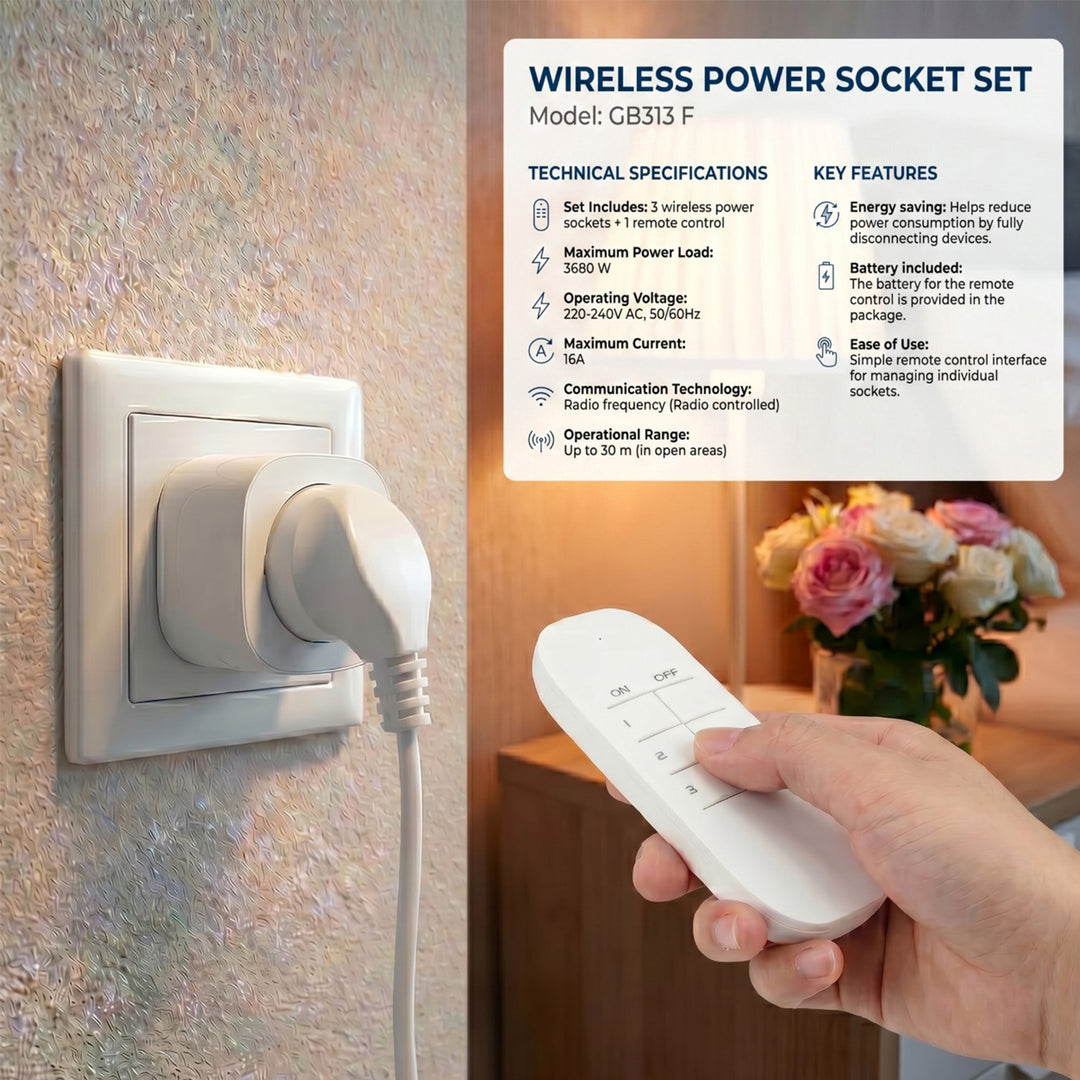 GreenBlue fjernbetjente stikkontakter, 3 stk., programmerbare, rækkevidde op til 30 m, 220–240 V AC, 50/60 Hz, 16 A, 433 MHz, GB313 F