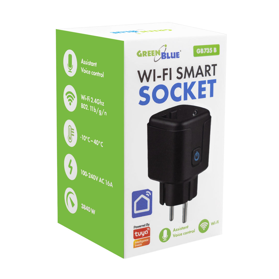 GreenBlue trådløs WiFi-stikkontakt, Android/iOS/Alexa/Google Home, timer, strømmåler, maks. 16 A/3840 W, GB735 B