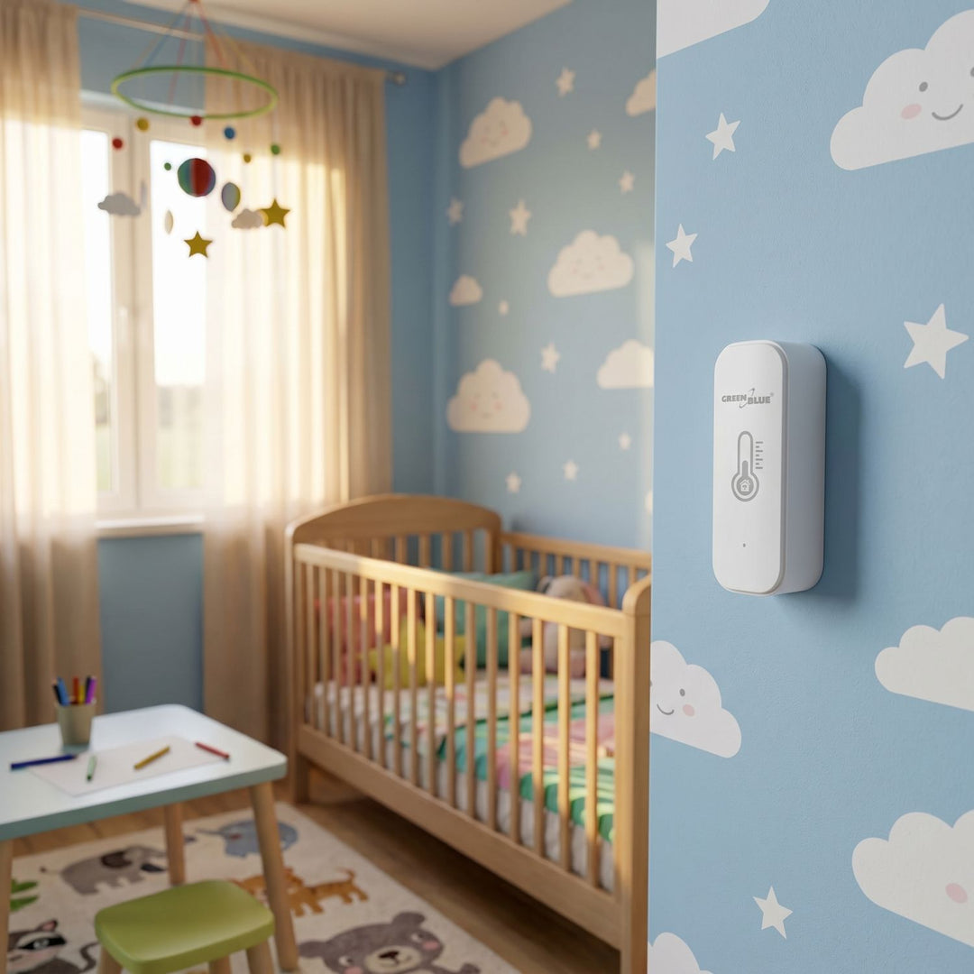 GreenBlue WiFi-temperatur- og fugtighedssensor, Android/iOS/Alexa/Google Home, 3,0 V DC, LR03x2, GB737