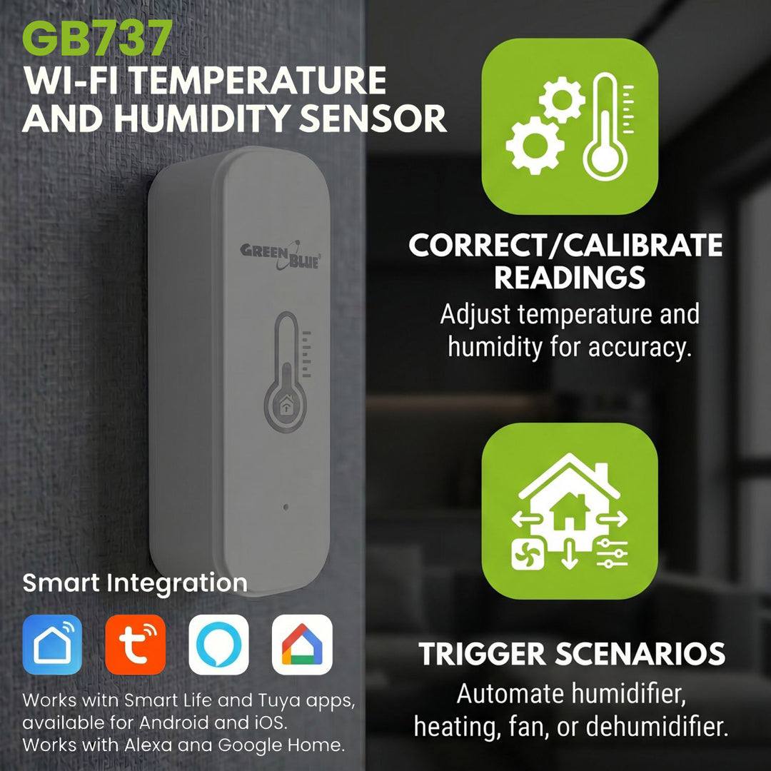 GreenBlue WiFi-temperatur- og fugtighedssensor, Android/iOS/Alexa/Google Home, 3,0 V DC, LR03x2, GB737