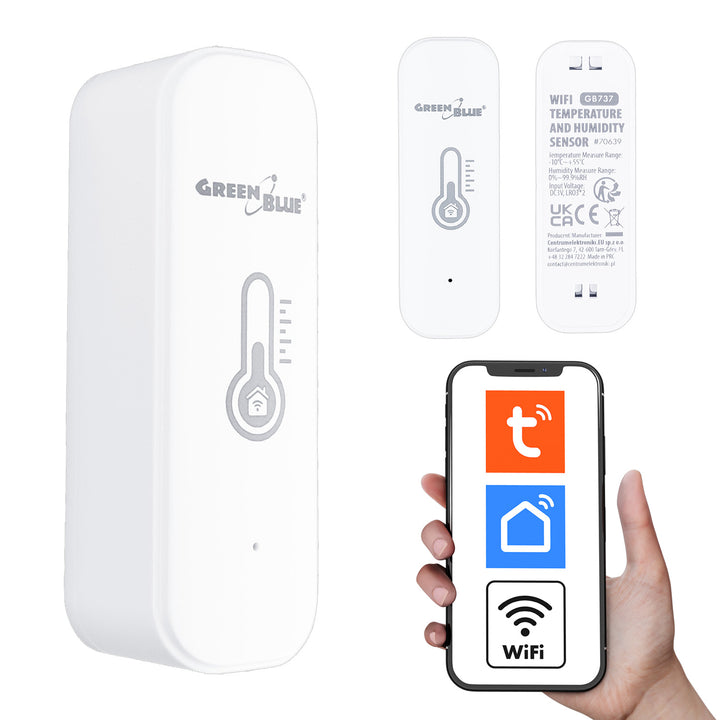 GreenBlue WiFi-temperatur- og fugtighedssensor, Android/iOS/Alexa/Google Home, 3,0 V DC, LR03x2, GB737