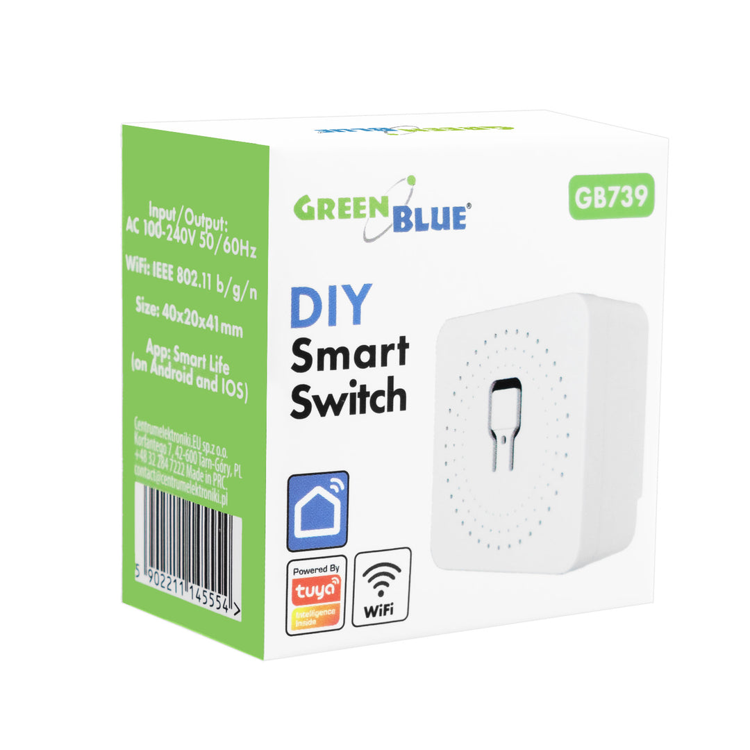 GreenBlue indbygget WiFi-relæ, Android/iOS/Alexa/Google Home, 100–240 V AC, 50/60 Hz, maks. 16 A, til LED 150 W, GB739