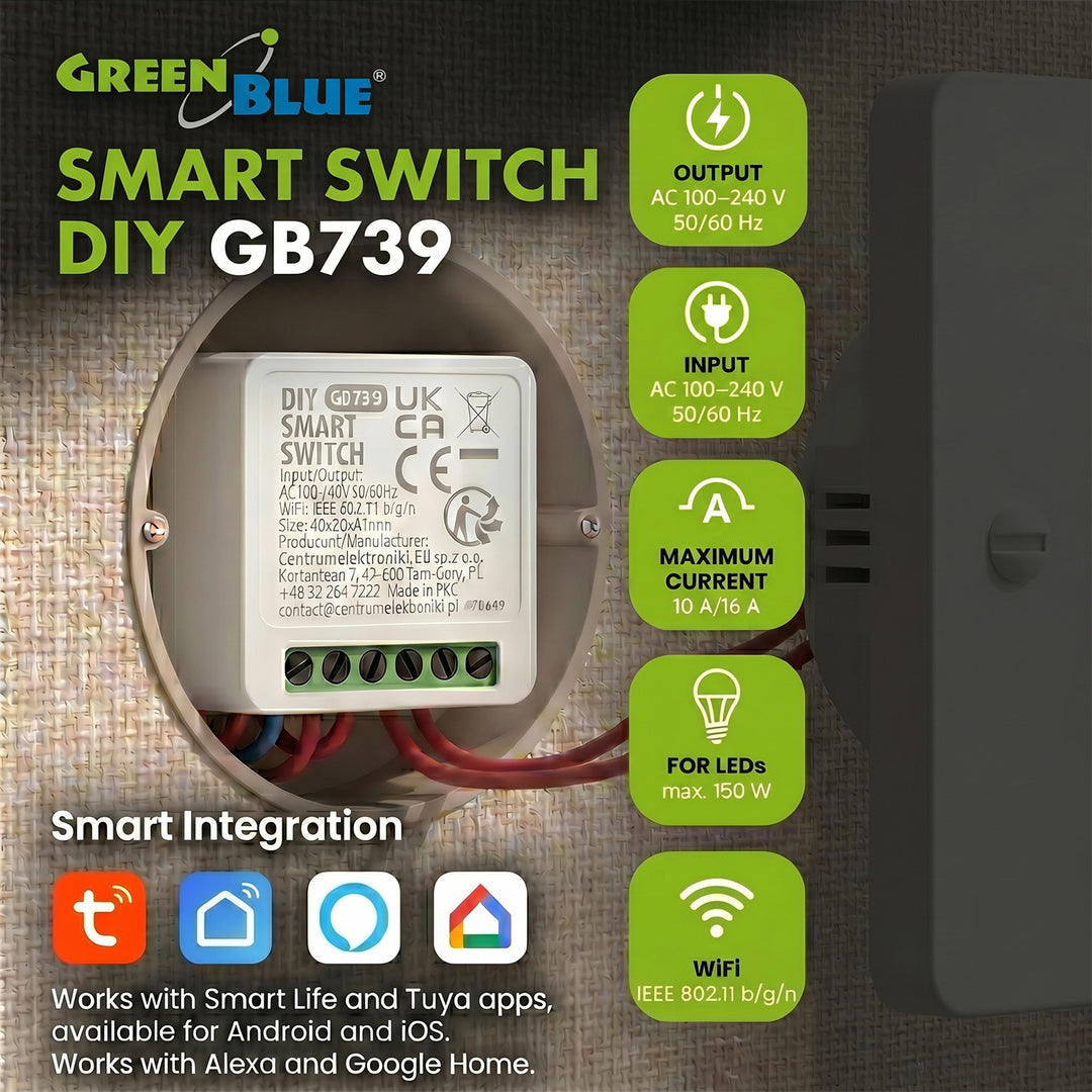 GreenBlue indbygget WiFi-relæ, Android/iOS/Alexa/Google Home, 100–240 V AC, 50/60 Hz, maks. 16 A, til LED 150 W, GB739