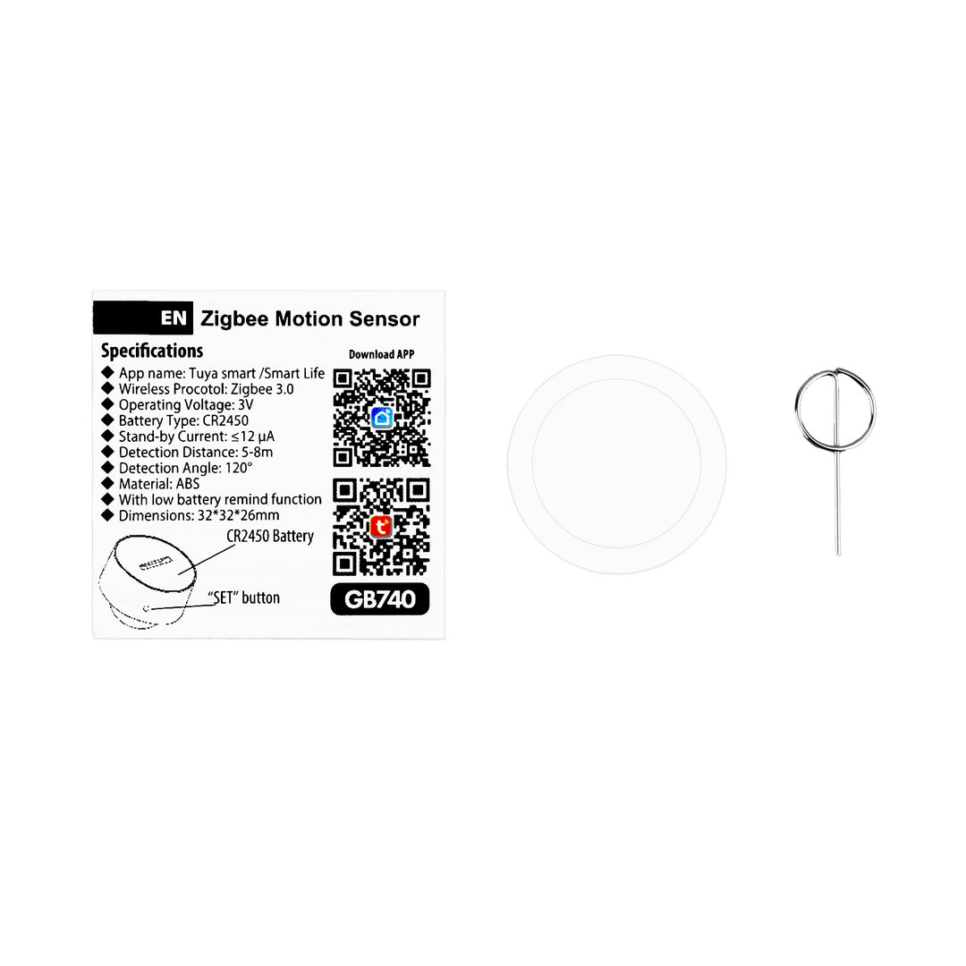 Trådløs Zigbee-bevægelsessensor fra Tuya GreenBlue, Android/iOS, CR2450 DC 3,0 V, detekteringsvinkel 120° / op til 8 m, GB740