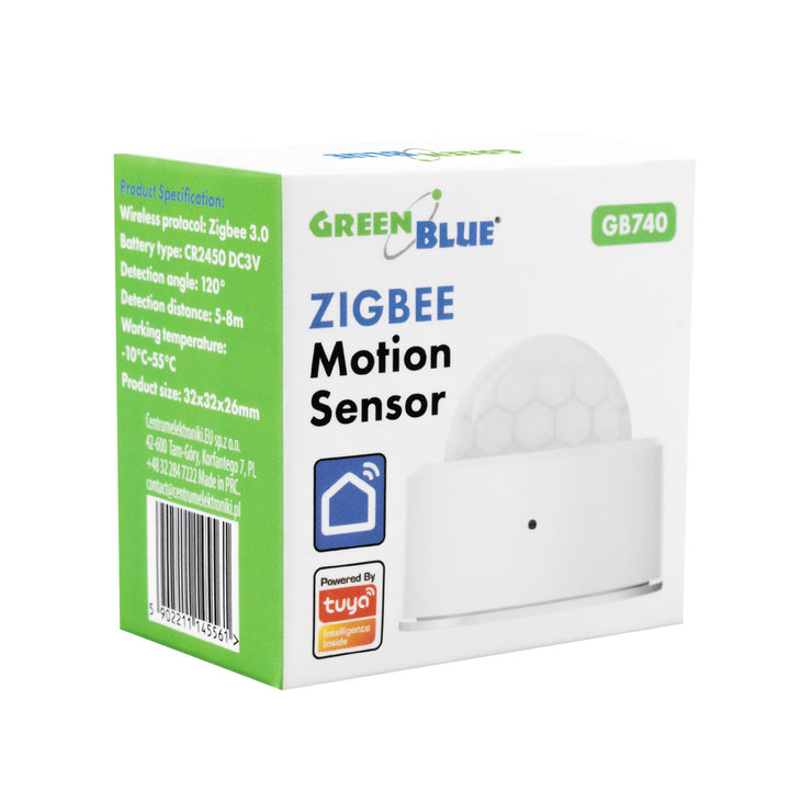 Trådløs Zigbee-bevægelsessensor fra Tuya GreenBlue, Android/iOS, CR2450 DC 3,0 V, detekteringsvinkel 120° / op til 8 m, GB740