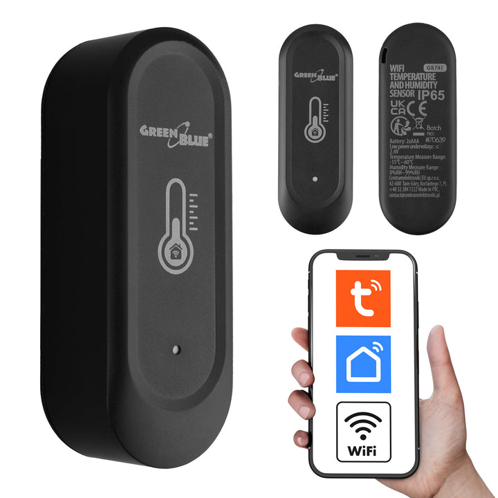 GreenBlue udendørs WiFi-sensor til temperatur og fugtighed, Android/iOS, 3,0 V DC, LR03 x 2, IP65, GB741