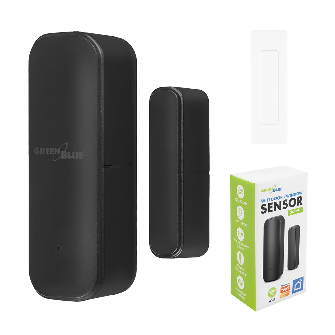 Trådløs kontaktor / åbningssensor med WiFi fra GreenBlue, Android/iOS, til døre / vinduer, 3,0 V DC, LR03x2, GB479 B