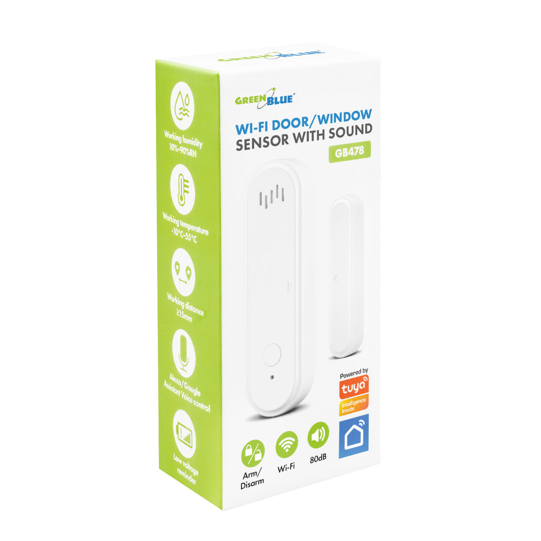 Trådløs kontaktor / åbningssensor med WiFi fra GreenBlue, Android/iOS, til døre / vinduer, 3,0 V DC, LR03x2, med alarm, GB478
