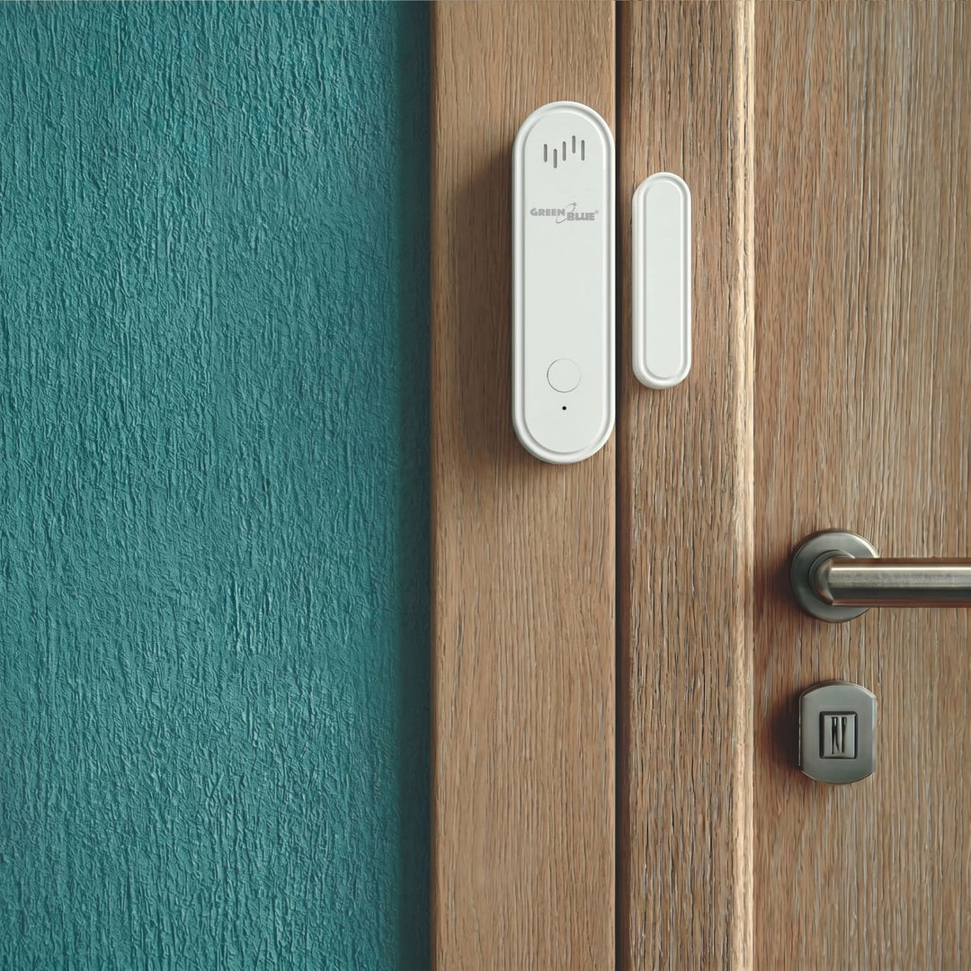 Trådløs kontaktor / åbningssensor med WiFi fra GreenBlue, Android/iOS, til døre / vinduer, 3,0 V DC, LR03x2, med alarm, GB478