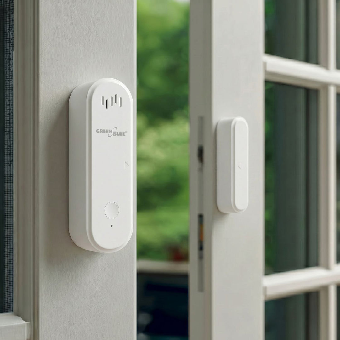 Trådløs kontaktor / åbningssensor med WiFi fra GreenBlue, Android/iOS, til døre / vinduer, 3,0 V DC, LR03x2, med alarm, GB478