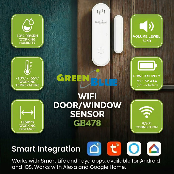 Trådløs kontaktor / åbningssensor med WiFi fra GreenBlue, Android/iOS, til døre / vinduer, 3,0 V DC, LR03x2, med alarm, GB478