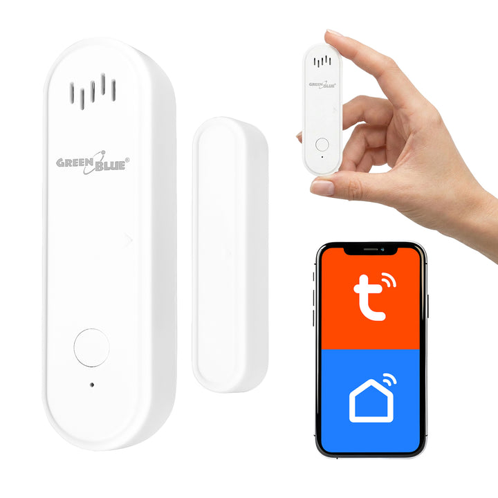 Trådløs kontaktor / åbningssensor med WiFi fra GreenBlue, Android/iOS, til døre / vinduer, 3,0 V DC, LR03x2, med alarm, GB478