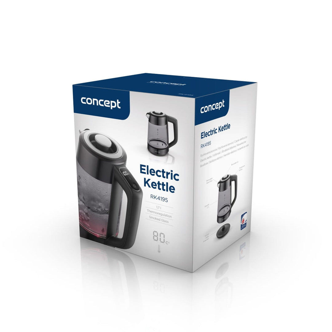 Concept elektrisk kedel i glas, kapacitet 1,7 l, effekt 1850-2200 W, sort, Strix-stik, temperaturregulering, digital styring, RK4195