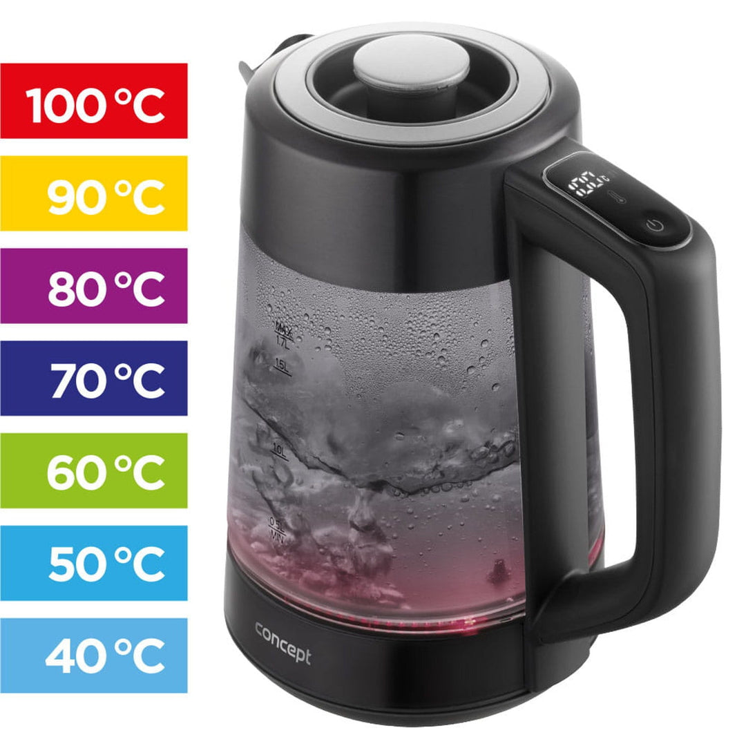 Concept elektrisk kedel i glas, kapacitet 1,7 l, effekt 1850-2200 W, sort, Strix-stik, temperaturregulering, digital styring, RK4195