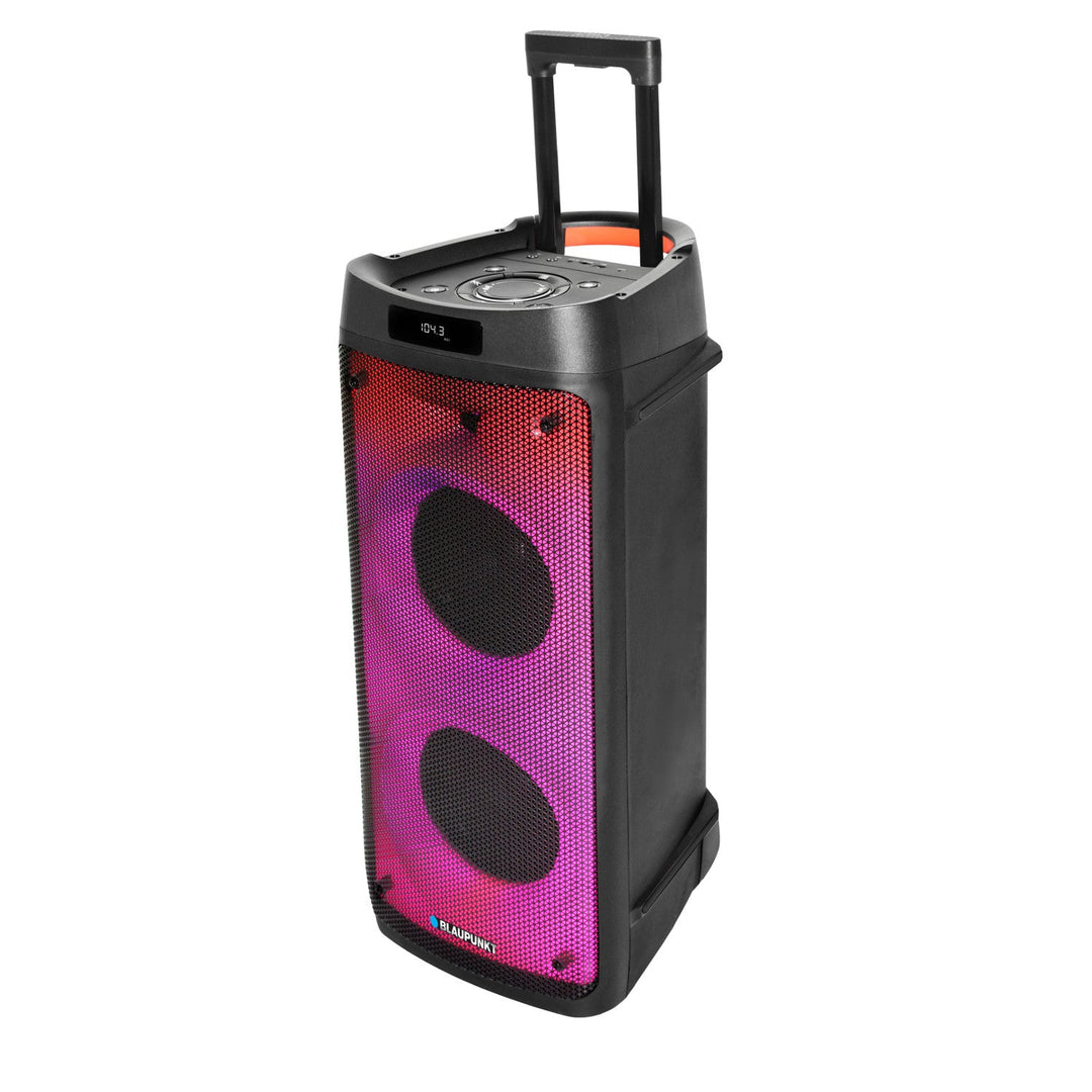 Blaupunkt Party Box-højttaler, LED-belysning, Bluetooth, USB og AUX, FM-radio, karaoke-funktion, fjernbetjening, PB08DB