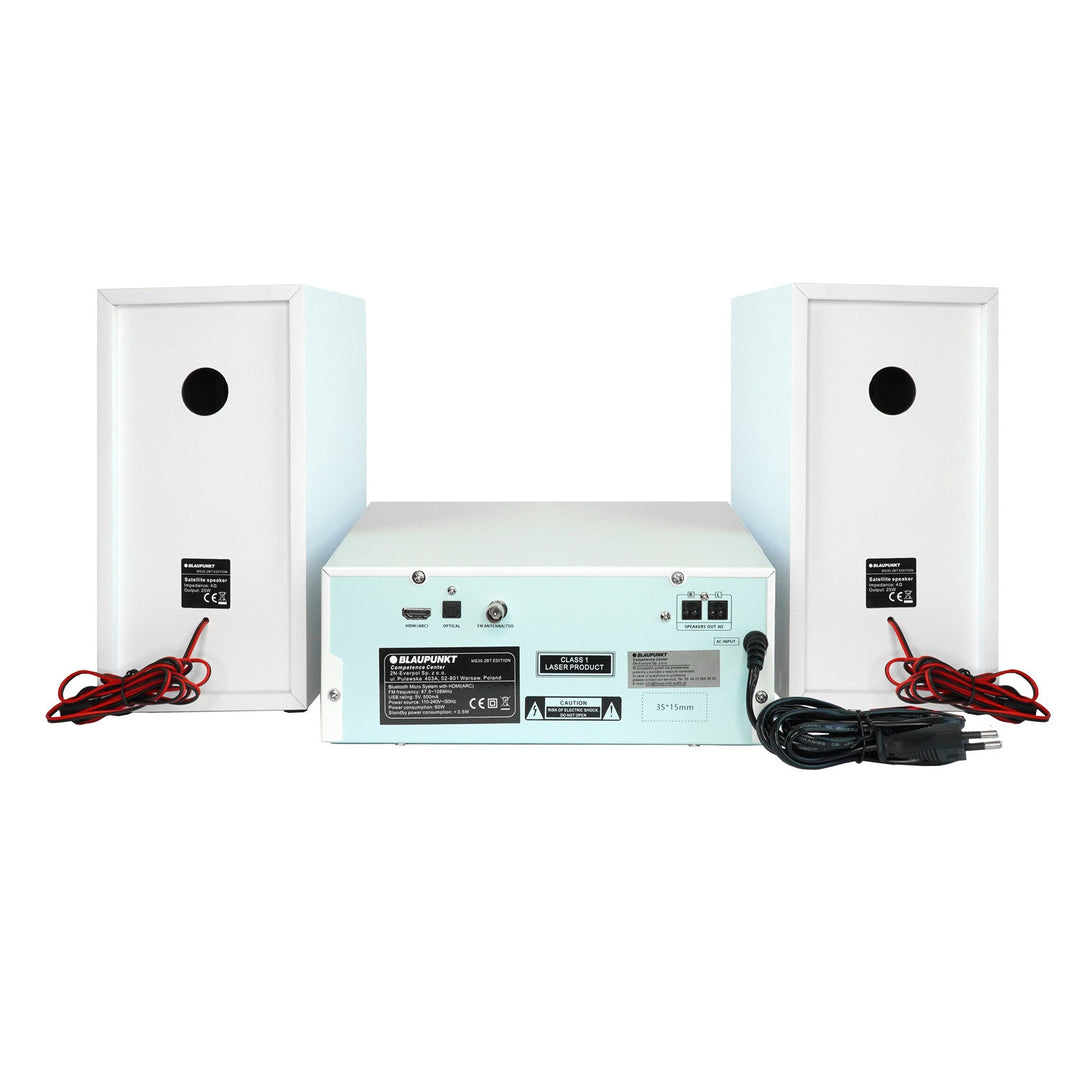 Blaupunkt mikrotårn, effekt 150 W, FM-radio, AUX-stik og USB-port, Bluetooth, HDMI-indgang, vækkeur, LED-display, farve: hvid, MS30.02BT