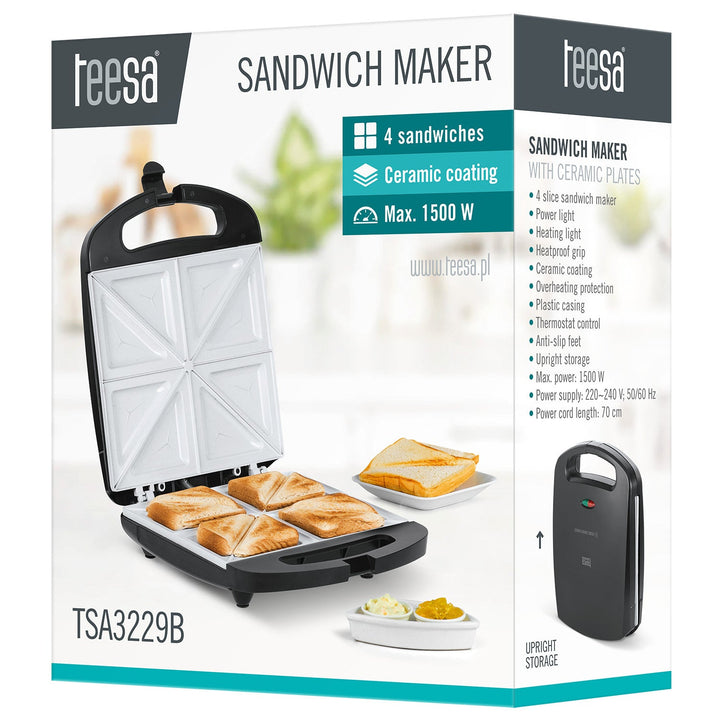 Teesa sandwichmaker, keramiske indsatser, til 4 sandwich, maksimal effekt 1500 W, TSA3229B