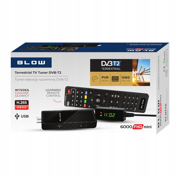DVB-T/T2-tuner Blow, H.265, 6000FHD, Timeshift-funktion, flere sprog, multimedieafspillerfunktion, USB-port, 77-077#