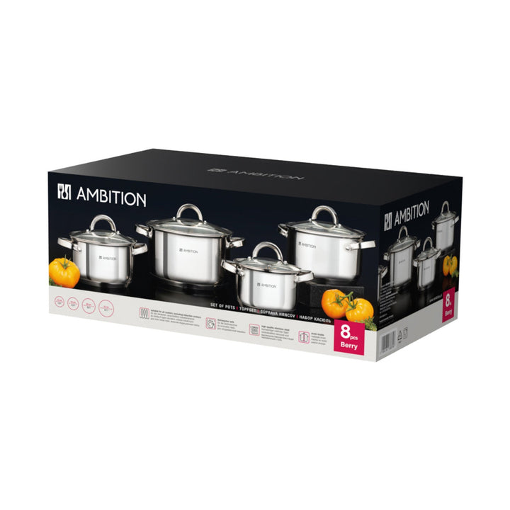 Ambition grydesæt, rustfrit stål, 8 dele, tyk bund, Berry