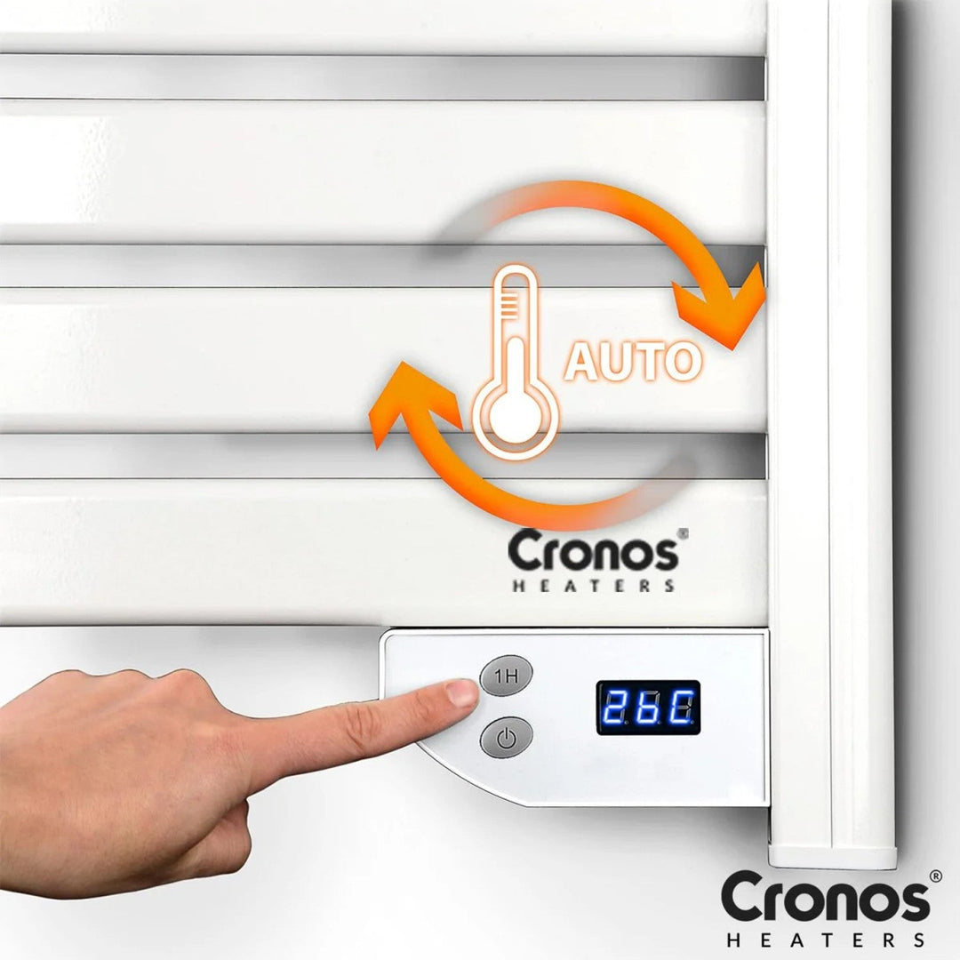 Cronos elektrisk badeværelsesradiator, effekt 500 W, opvarmer rum op til 6 m2, LCD-display, AUTO-, TIMER- og åbent vindue-detekteringsfunktion, TW-500