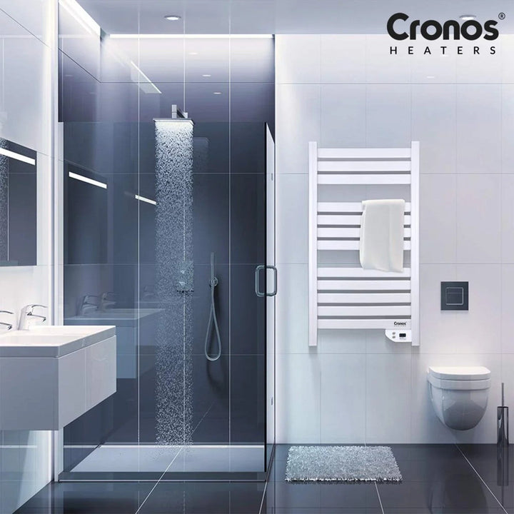 Cronos elektrisk badeværelsesradiator, effekt 500 W, opvarmer rum op til 6 m2, LCD-display, AUTO-, TIMER- og åbent vindue-detekteringsfunktion, TW-500
