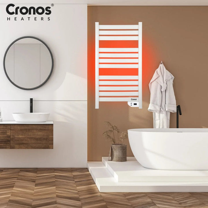Cronos elektrisk badeværelsesradiator, effekt 500 W, opvarmer rum op til 6 m2, LCD-display, AUTO-, TIMER- og åbent vindue-detekteringsfunktion, TW-500