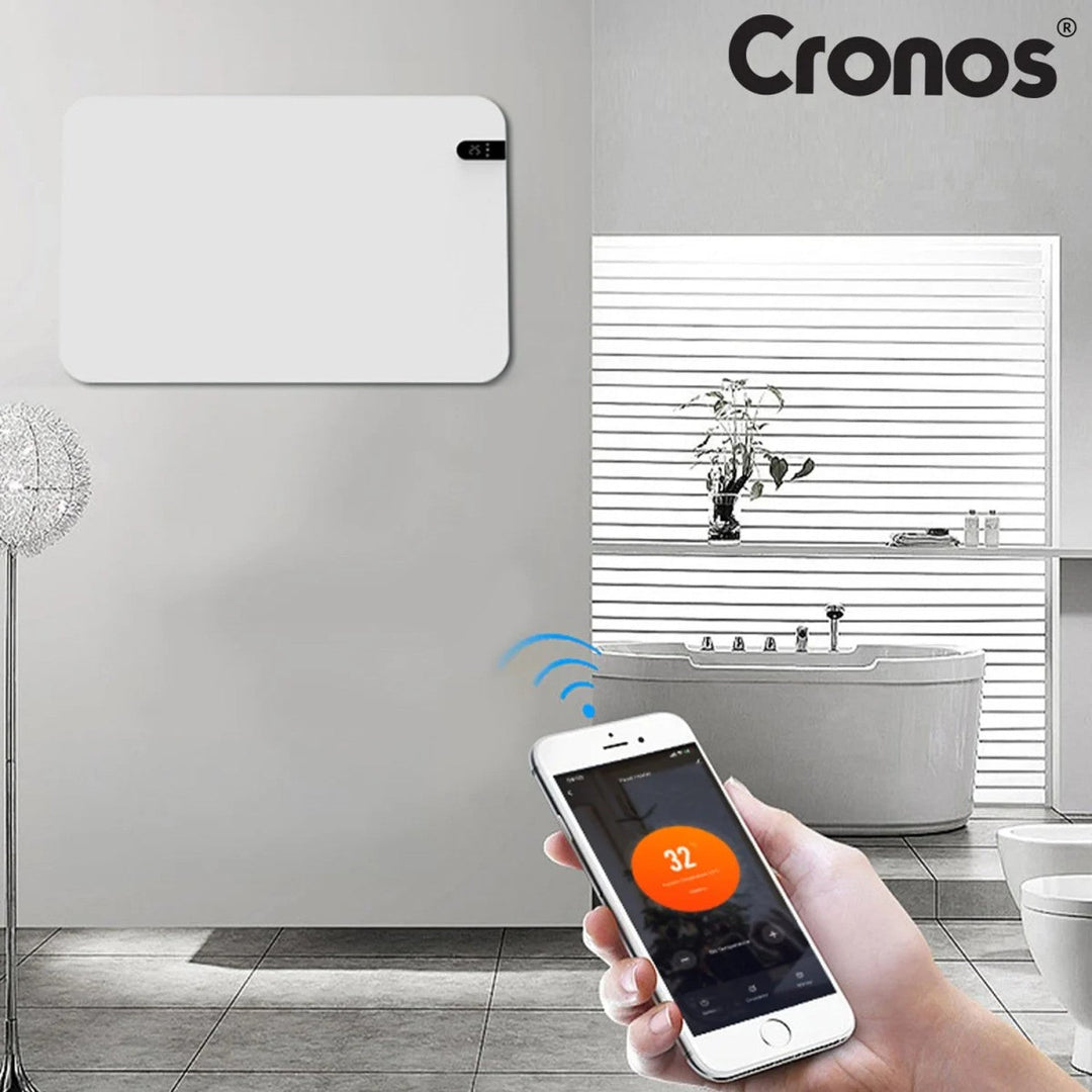 Cronos elektrisk radiator, hvid, effekt 450 W, opvarmning af rum op til 14 m2, indbygget termostat, fjernbetjening, funktion til registrering af åbne vinduer, ben medfølger, WFH-450TW