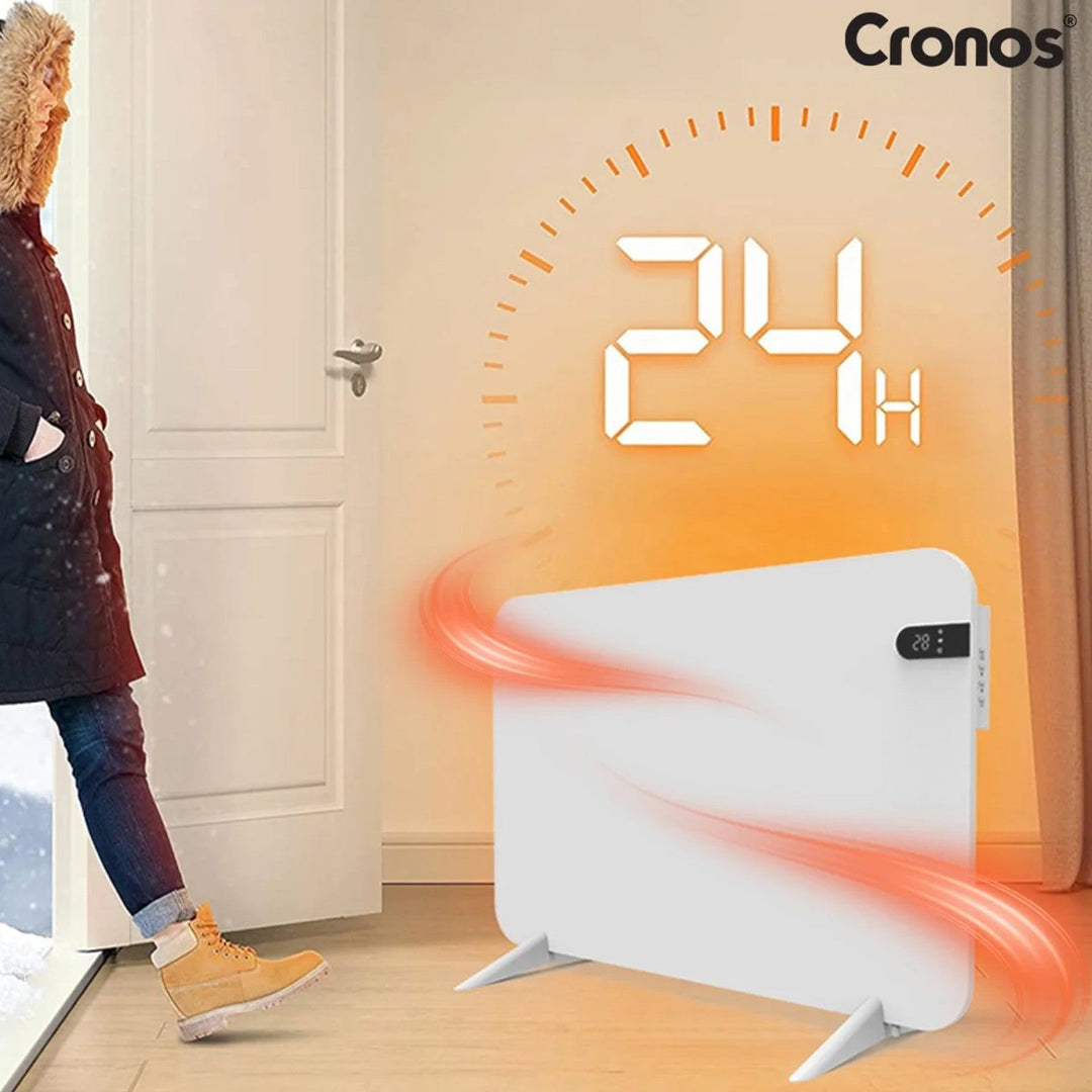 Cronos elektrisk radiator, hvid, effekt 450 W, opvarmning af rum op til 14 m2, indbygget termostat, fjernbetjening, funktion til registrering af åbne vinduer, ben medfølger, WFH-450TW