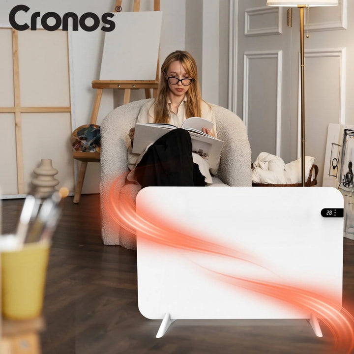 Cronos elektrisk radiator, hvid, effekt 450 W, opvarmning af rum op til 14 m2, indbygget termostat, fjernbetjening, funktion til registrering af åbne vinduer, ben medfølger, WFH-450TW