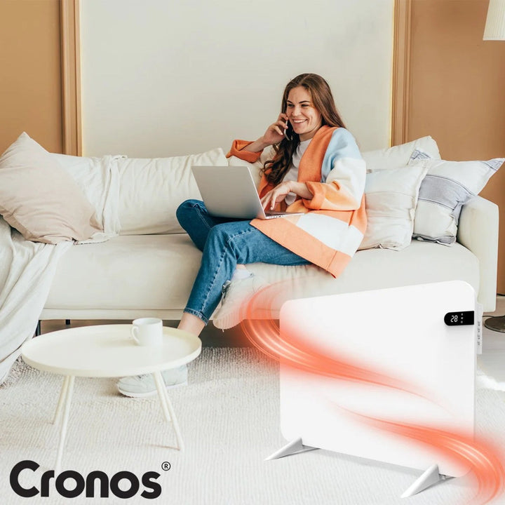 Cronos elektrisk radiator, hvid, effekt 450 W, opvarmning af rum op til 14 m2, indbygget termostat, fjernbetjening, funktion til registrering af åbne vinduer, ben medfølger, WFH-450TW