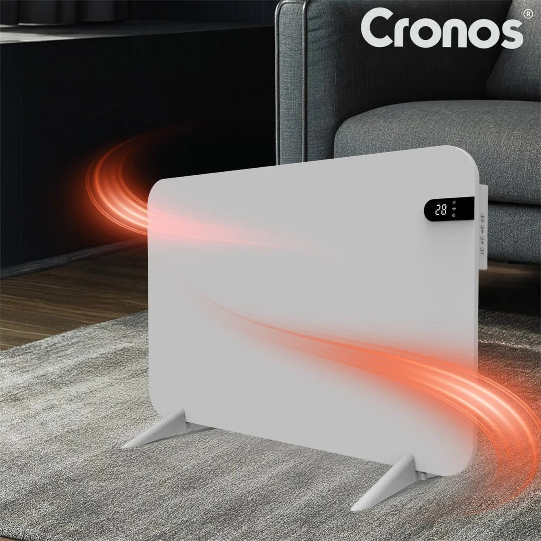 Cronos elektrisk radiator, hvid, effekt 450 W, opvarmning af rum op til 14 m2, indbygget termostat, fjernbetjening, funktion til registrering af åbne vinduer, ben medfølger, WFH-450TW