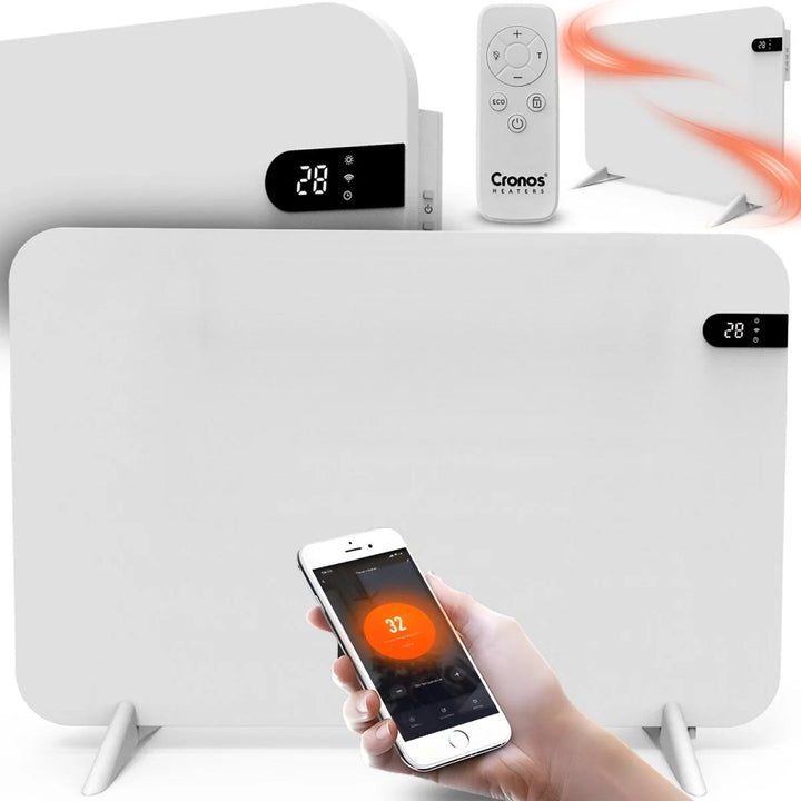 Cronos elektrisk radiator, hvid, effekt 450 W, opvarmning af rum op til 14 m2, indbygget termostat, fjernbetjening, funktion til registrering af åbne vinduer, ben medfølger, WFH-450TW