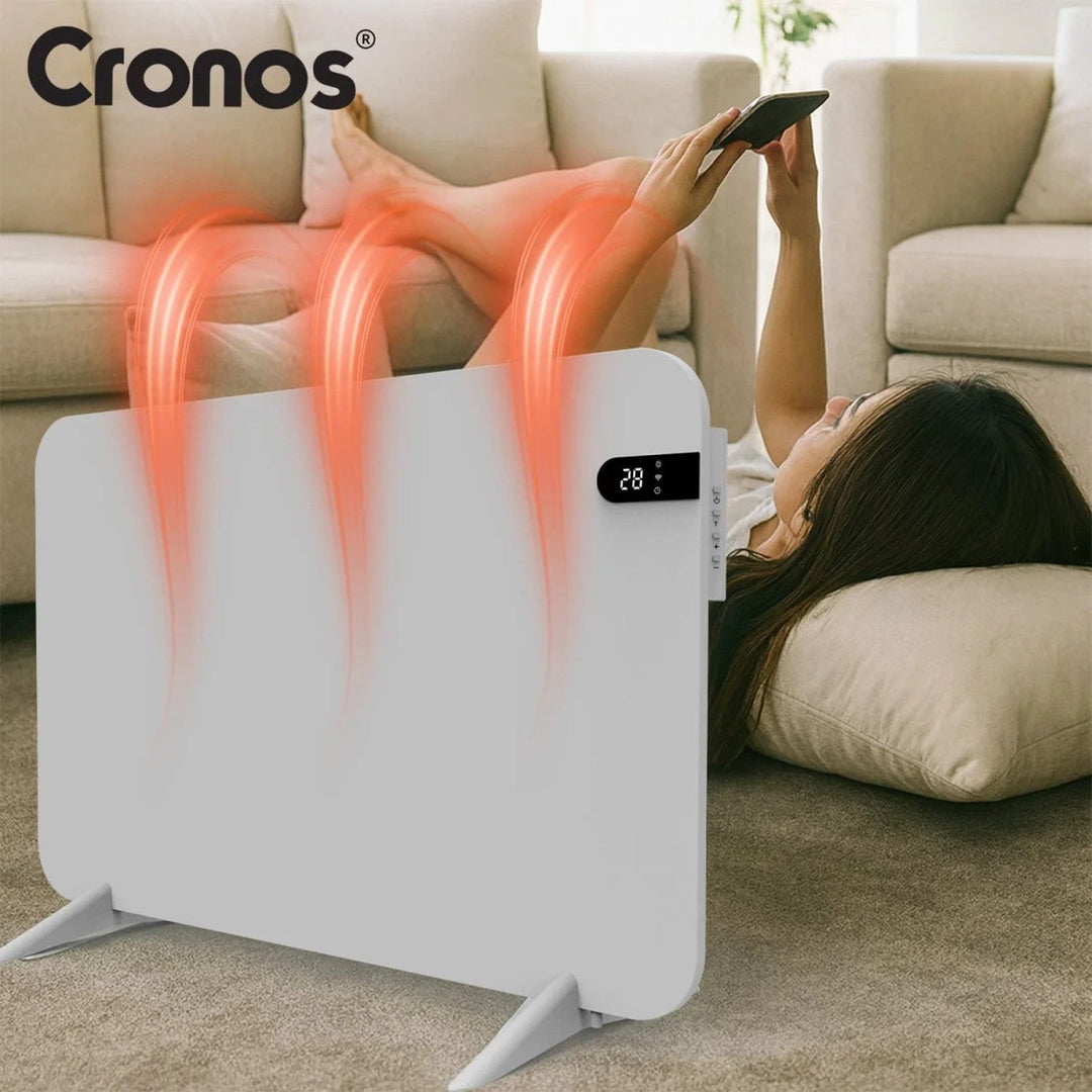 Cronos elektrisk radiator, hvid, effekt 450 W, opvarmning af rum op til 14 m2, indbygget termostat, fjernbetjening, funktion til registrering af åbne vinduer, ben medfølger, WFH-450TW