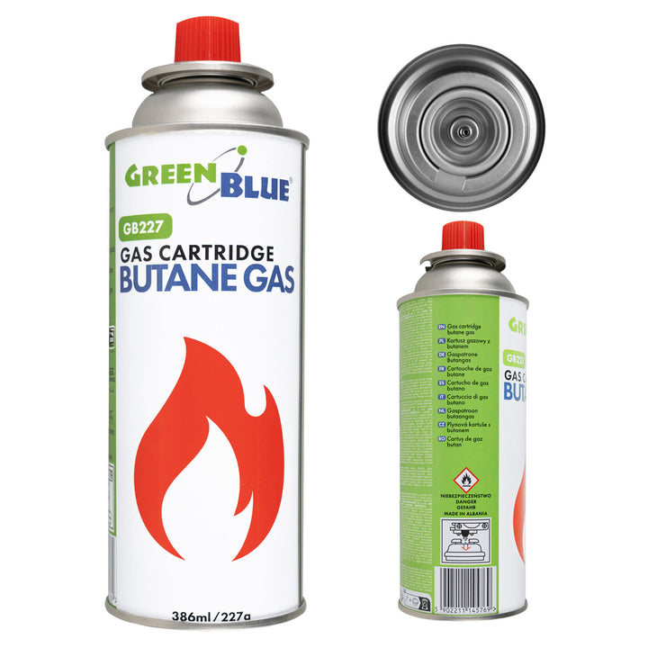 GreenBlue-gaspatron, 227 g. Certifikat: Pi 0875, overholder standarden EN 417, butan, anvendelsestemperatur -10 °C til +40 °C, GB227
