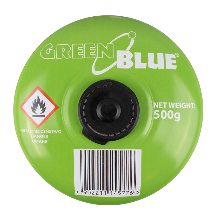 GreenBlue gaspatron, 500 g. Certifikat: Pi 0437, overholder EN 417, butan-propan, anvendelsestemperatur -10 °C til +40 °C, gevindventil 7/16'' GB499